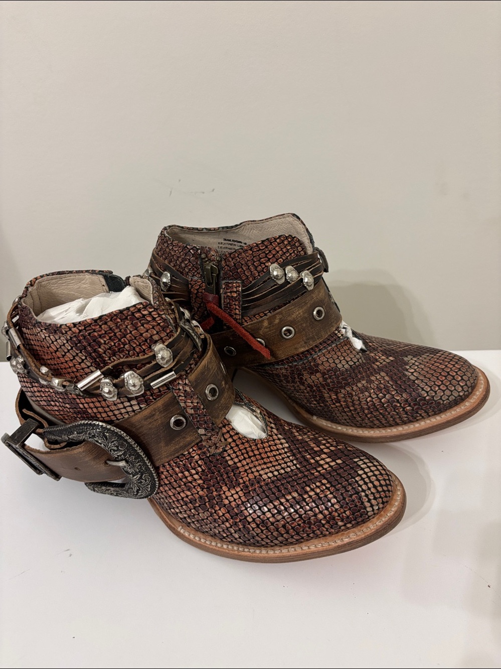 Freebird Saloon Brown Snakeskin-Pattern Ankle Boots with Studded Straps - Picture 2 of 4